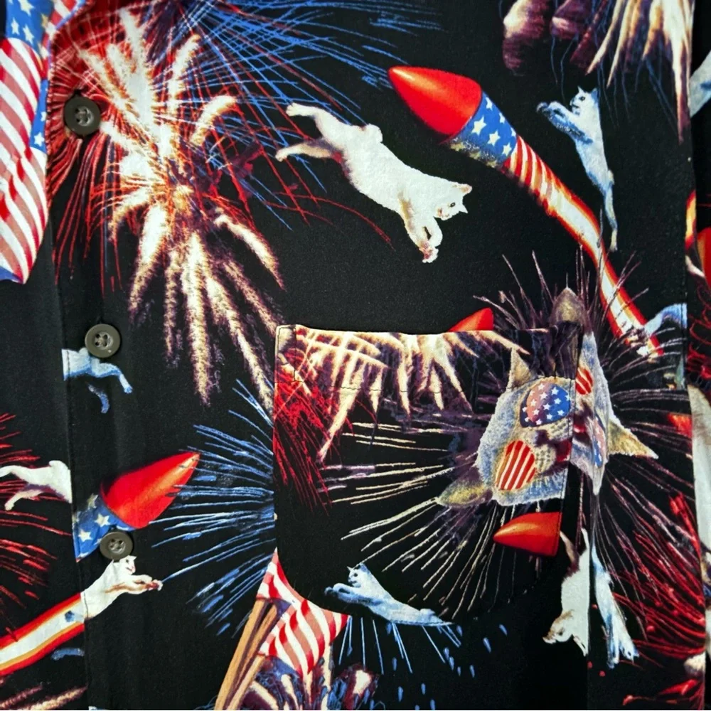 Patriotic Cat Fireworks George XL Shirt - E Furibus Unum Party Top - Picture 2 of 7